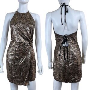 J.O.A Women Size M Gold Snake Print Sequins Halter Neck Mini NEW Dress Party